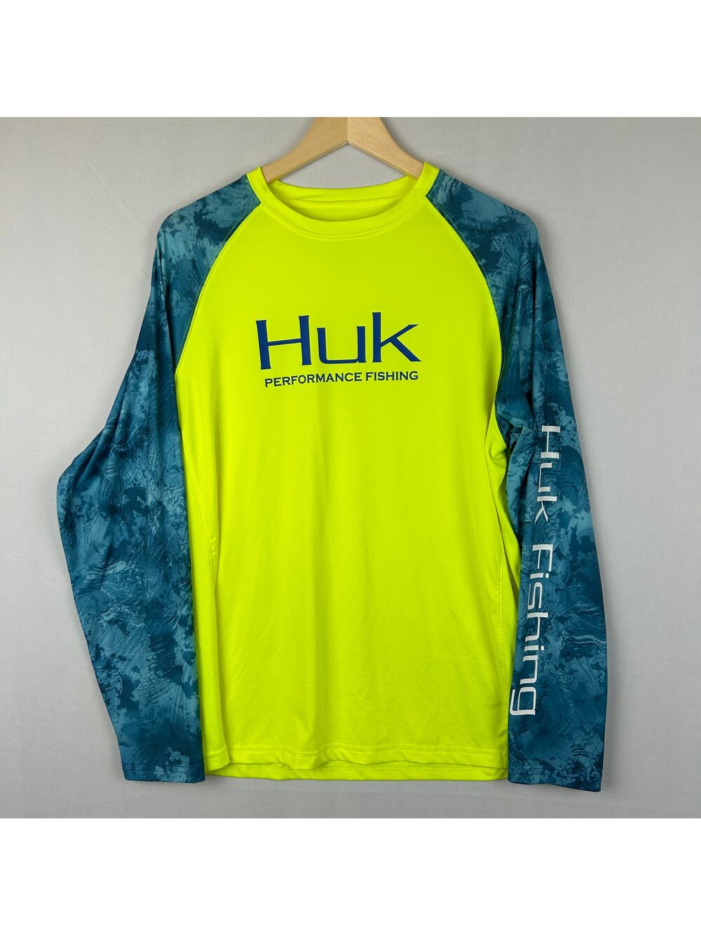 Huk Double Header Vented Neon Yellow Long Sleeve Shirt H1200136 Men's Size M